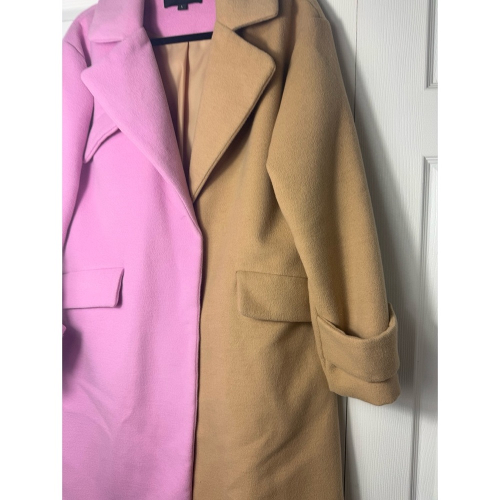AKIRA Sherbert Colorblock Pink Tan Longline Trench Coat Jacket Size L - Picture 2 of 6